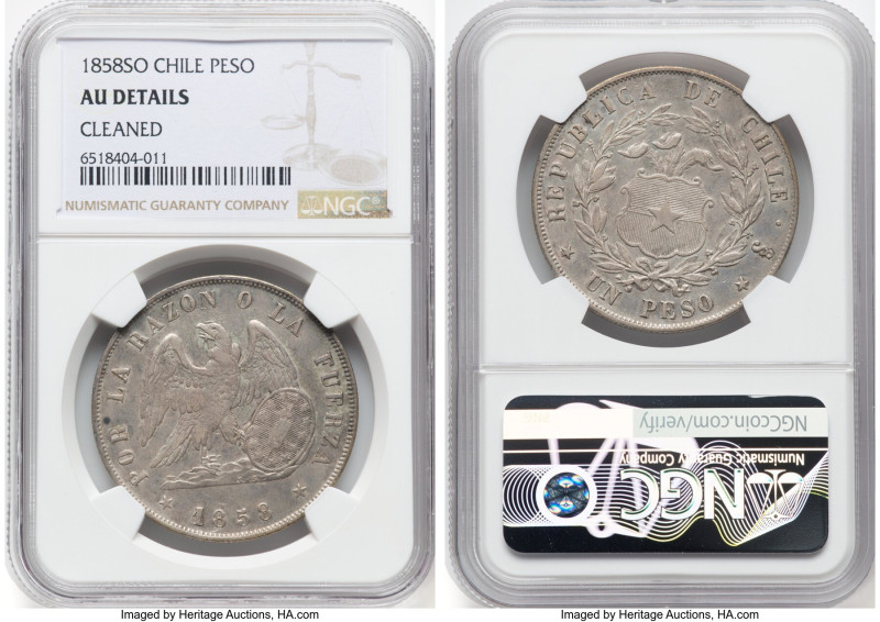 Republic Peso 1858-So AU Details (Cleaned) NGC, Santiago mint, KM129. Mintage: 5...