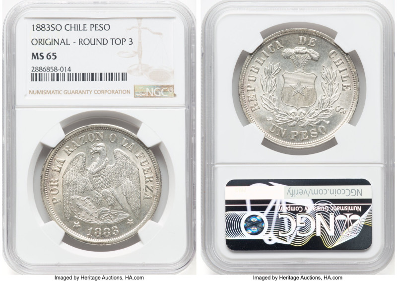 Republic Peso 1883-So MS65 NGC, Santiago mint, KM142.1. Original striking. Round...