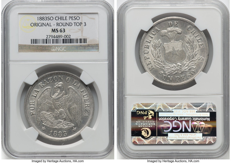 Republic Peso 1883-So MS63 NGC, Santiago mint, KM142.1. Round top 3. Original st...