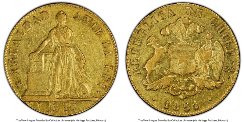 Republic gold 10 Pesos 1851-So AU53 PCGS, Santiago mint, KM123, Fr-45. A scarce,...