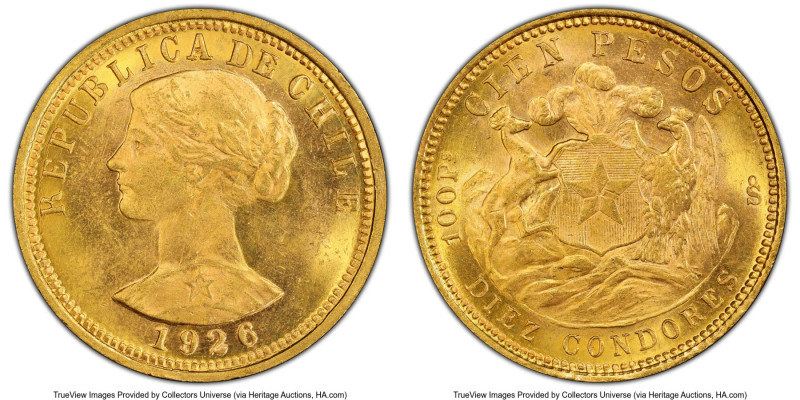 Republic gold 100 Pesos 1926-So MS63 PCGS, Santiago mint, KM170. A rather beauti...