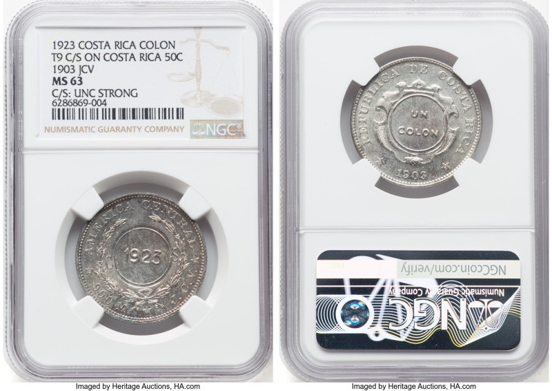 Republic Counterstamped Colon 1923 MS63 NGC, San Jose mint, KM164. Counterstampe...