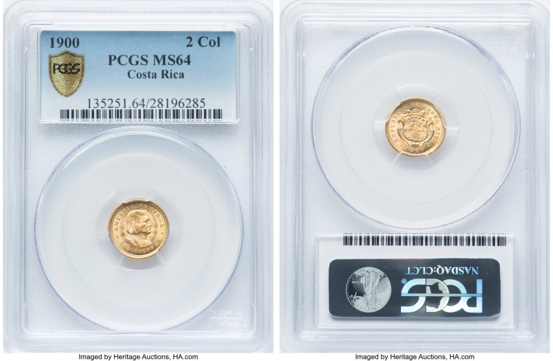 Republic gold 2 Colones 1900 MS64 PCGS, Philadelphia mint, KM139. Peach-gold wit...