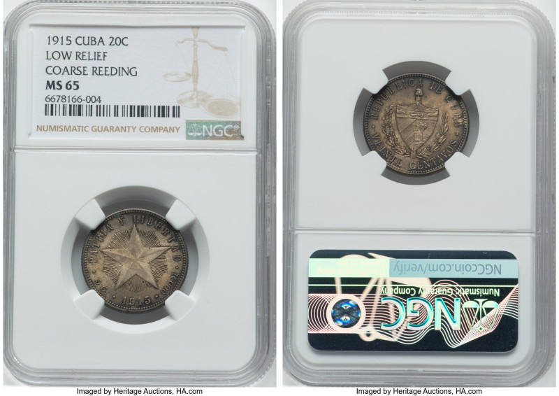 Republic 20 Centavos 1915 MS65 NGC, KM13.2. Low relief and coarse reeding variet...