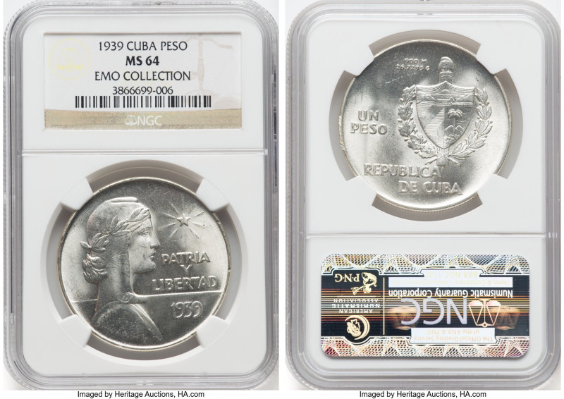 Republic "ABC" Peso 1939 MS64 NGC, Philadelphia mint, KM22. Blast white with cre...