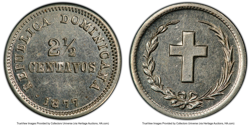 Republic 2-1/2 Centavos 1877 MS62 PCGS, KM4. A coveted one-year type, quite scar...