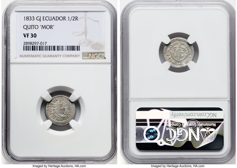 Republic 1/2 Real 1833 QUITO-GJ VF30 NGC, Quito mint, KM12.2. "MOR" variety. HID...