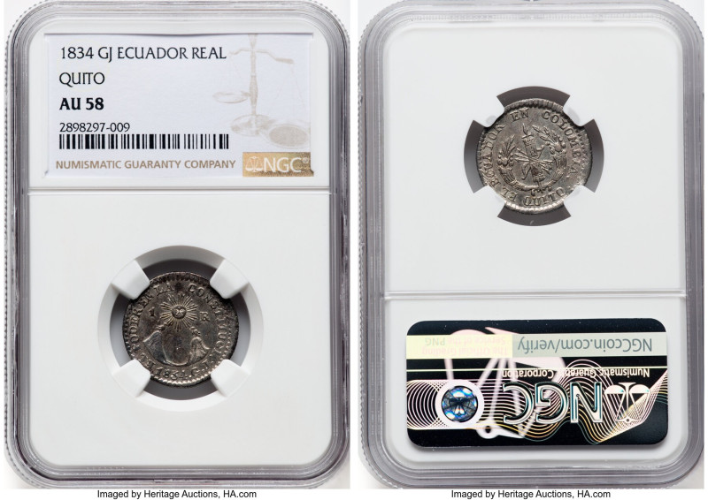 Republic Real 1834 QUITO-GJ AU58 NGC, Quito mint, KM13. The second date of this ...