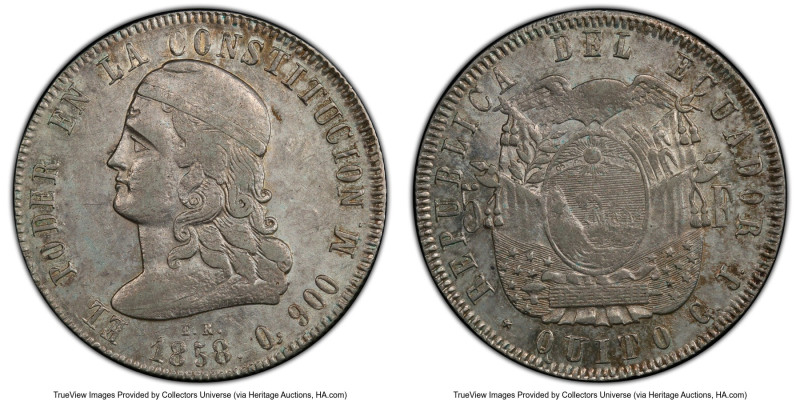 Republic 5 Francos 1858-GJ AU53 PCGS, Quito mint, KM39, Fonrobert-8325. A covete...