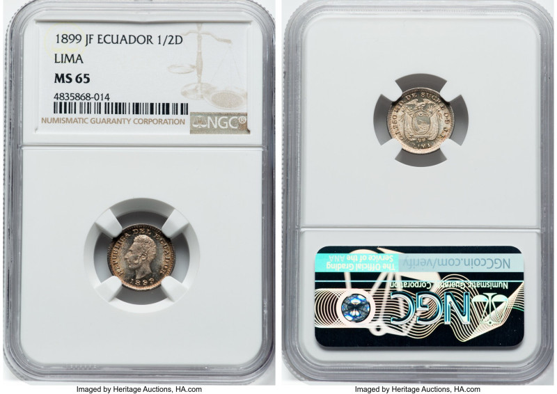 Republic 1/2 Decimo 1899 LIMA-JF MS65 NGC, Lima mint, KM55.1. An excellent repre...