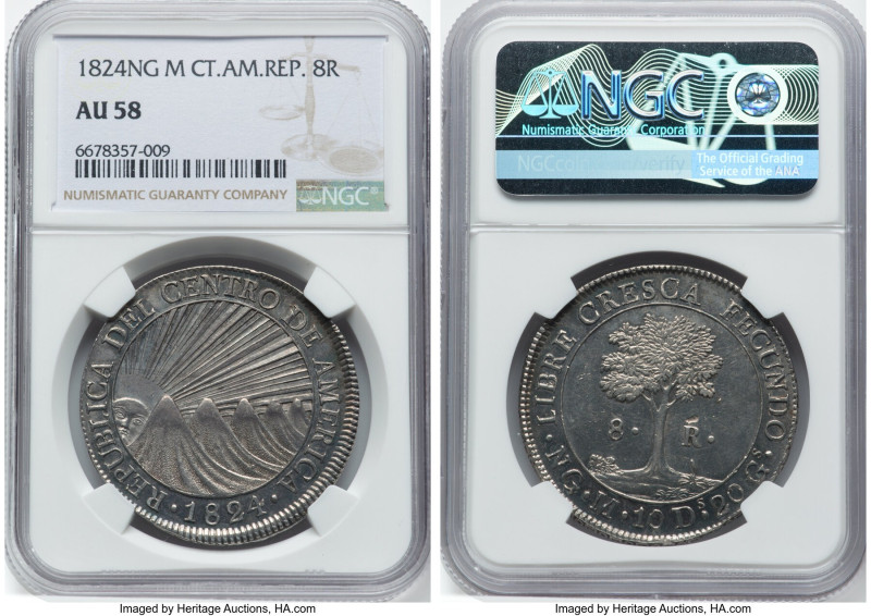 Central American Republic 8 Reales 1824 NG-M AU58 NGC, Nueva Guatemala mint, KM4...