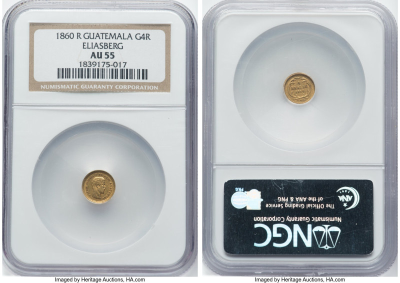 Republic gold 4 Reales 1860-R AU55 NGC, KM135. Ex. Eliasberg Collection HID09801...