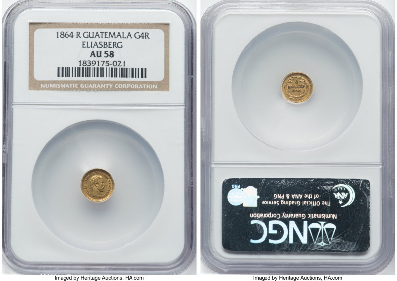 Republic gold 4 Reales 1864-R AU58 NGC, KM135. A lightly-toned piece with a pres...