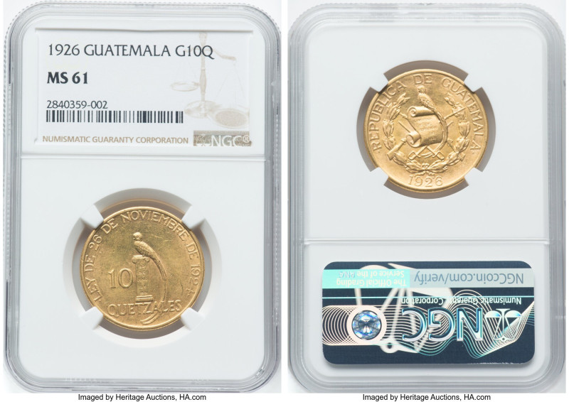 Republic gold 10 Quetzales 1926-(P) MS61 NGC, KM245, Fr-49. Mintage: 18,000. A p...