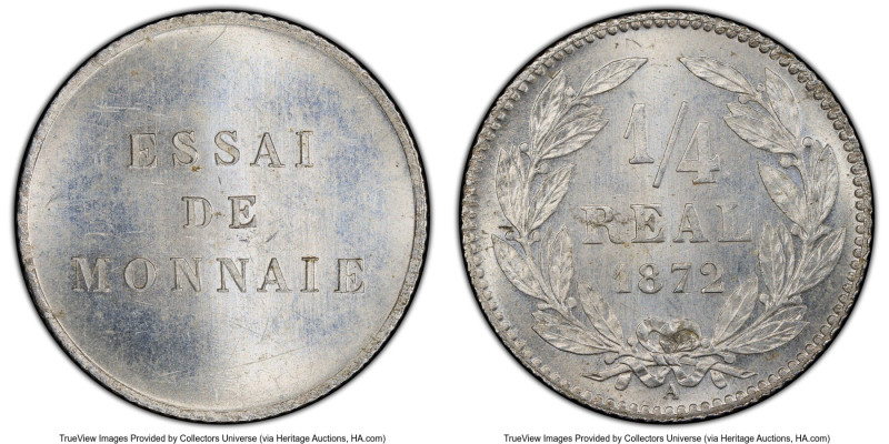 Republic aluminum Specimen Essai Pattern 1/4 Real 1872-A SP63 PCGS, Paris mint, ...