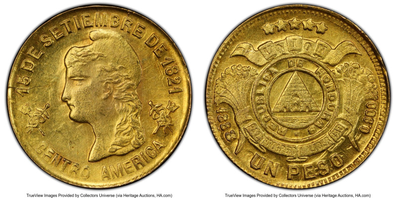 Republic gold Peso 1888 MS63 PCGS, Tegucigalpa mint, KM56. A bright, original co...