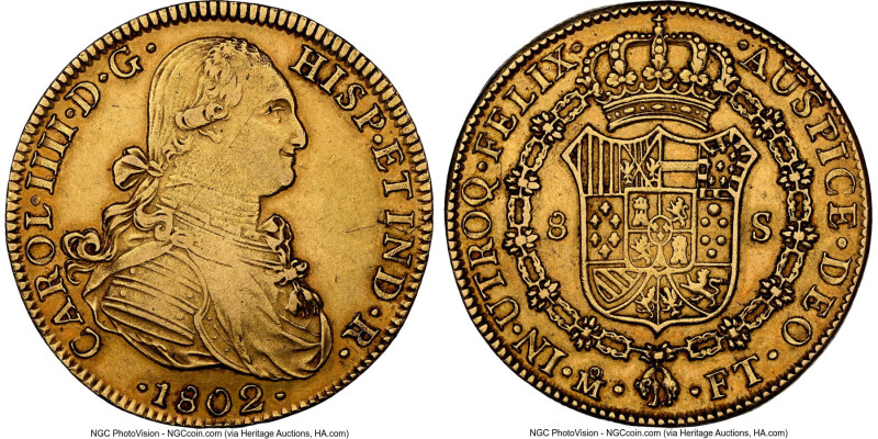 Charles IV gold 8 Escudos 1802 Mo-FT AU50 NGC, Mexico City mint, KM159, Cal-1645...