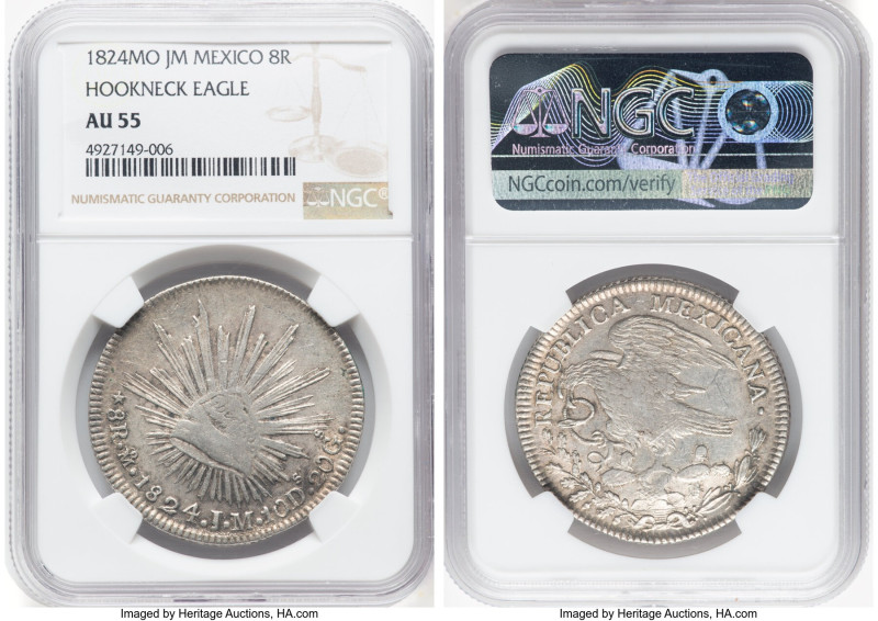 Republic "Hookneck" 8 Reales 1824 Mo-JM AU55 NGC, Mexico City mint, KM-A376.2, D...