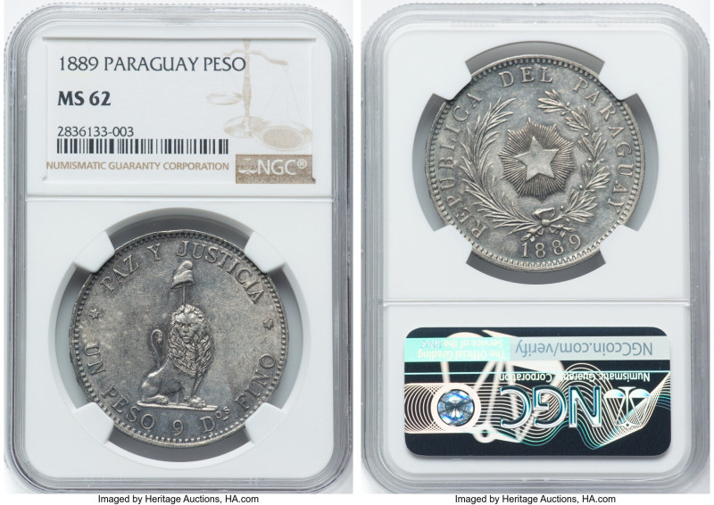 Republic Peso 1889 MS62 NGC, Buenos Aires mint, KM5. Awash in mottled gunmetal w...