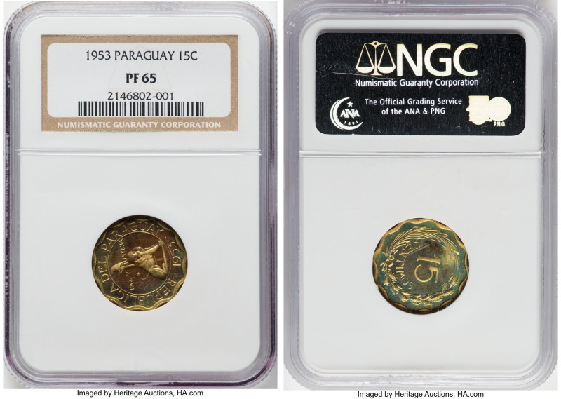 Republic Proof 15 Centimos 1953 PR65 NGC, KM26. An especially difficult emission...