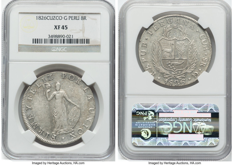 Republic 8 Reales 1826 CUZCO-G XF45 NGC, Cuzco mint, KM142.2. Difficult to acqui...