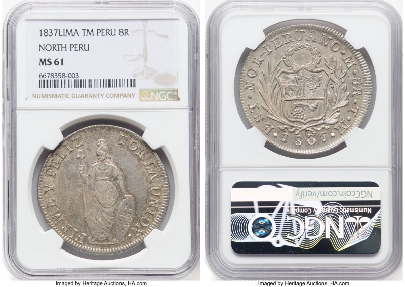 North Peru. Republic 8 Reales 1837 LM-TM MS61 NGC, Lima mint, KM155. HID09801242...