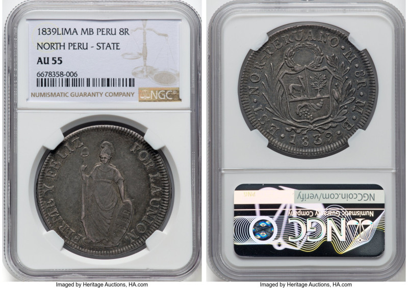 North Peru. Republic 8 Reales 1839 LIMA-MB AU55 NGC, Lima mint, KM155. A lesser-...