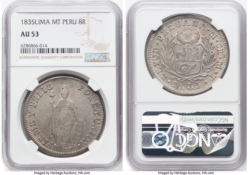 Republic 8 Reales 1835 LM-MT AU53 NGC, Lima mint, KM142.3. HID09801242017 © 2023...