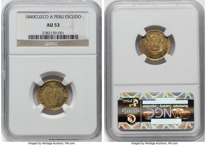 Republic gold Escudo 1840 Cuzco-A AU53 NGC, Cuzco mint, KM147.3. Rearticulated w...