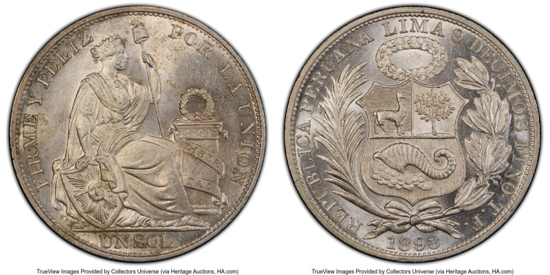 Republic Sol 1893-TF MS63 PCGS, Lima mint, KM196.26. Ranked at the penultimate g...