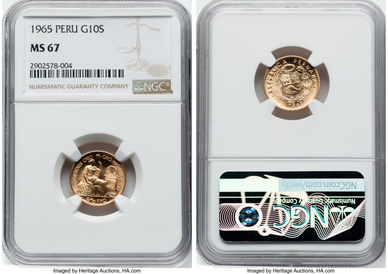 Republic gold 10 Soles 1965 MS67 NGC, Lima mint, KM236. HID09801242017 © 2023 He...