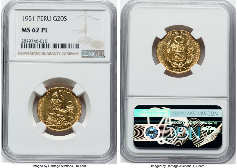 Republic gold 20 Soles 1951 MS62 Prooflike NGC, Lima mint, KM229. HID09801242017...