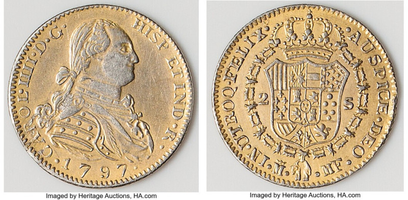 Charles IV gilt-platinum Contemporary Counterfeit 2 Escudos 1797 M-MF AU, cf. Ma...