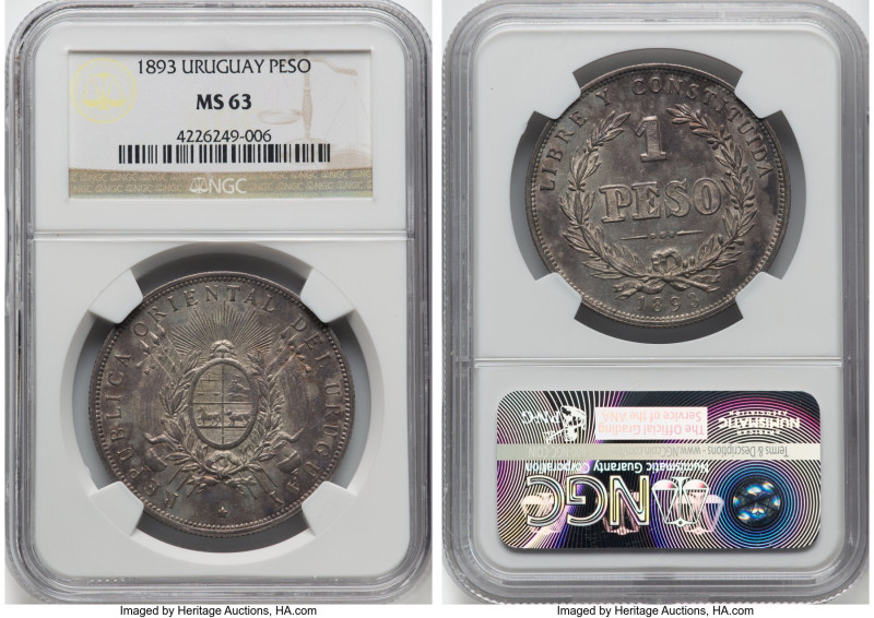 Republic Peso 1893 MS63 NGC, KM17a. Round top 3. Ex. Sedwick Treasure Auction 18...