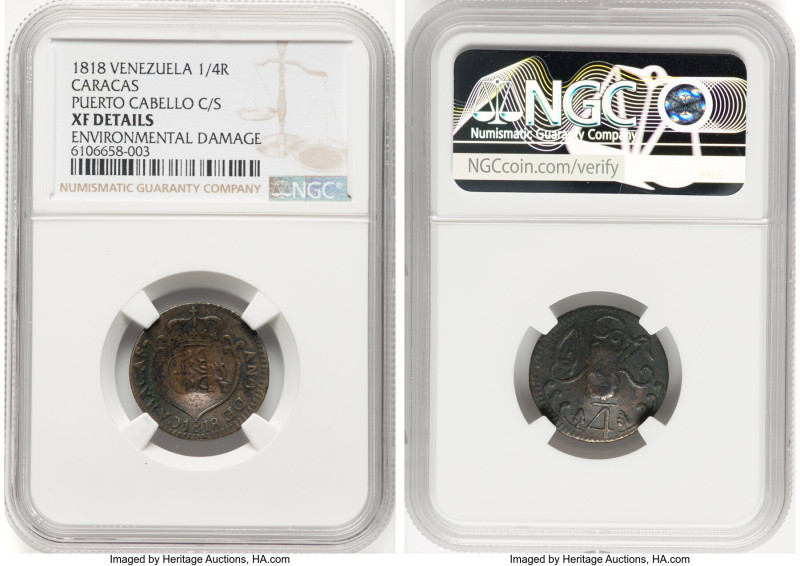 Puerto Cabello. Counterstamped 1/4 Real ND (1823) XF Details (Environmental Dama...