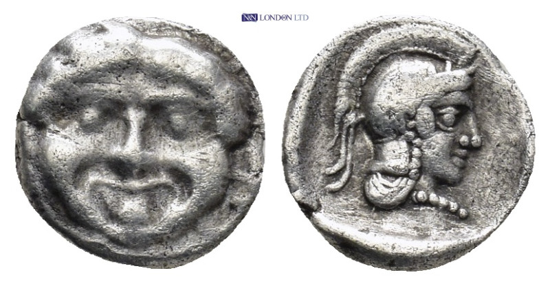 PAMPHYLIA, Aspendos. 420-360 BC. AR Obol (10mm, 1.0 g) Gorgoneion / Helmeted hea...