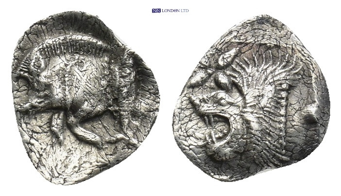 MYSIA. Kyzikos. (Circa 450-400). AR Hemiobol. (8mm, 0.39 g) Obv: Forepart of boa...