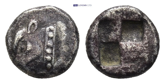 Asia Minor, Uncertain. AR Diobol. (8mm, 0.9 g). 5th century BC. Obv: Head of bul...