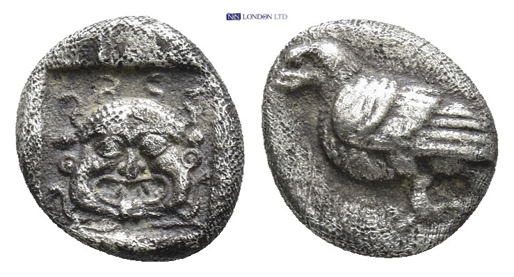 Troas. Abydos 480-450 BC. Obol AR 10mm. 1.1 g). Facing gorgoneion, tongue protru...