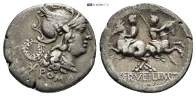 C Servilius M f-Dioscuri Denarius (19mm, 3.72 g) 136 BC. Rome mint. Obv: ROMA legend with winged, helmetted head of Roma right, helmet surmounted by h...