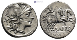 S. Afranius. Denarius 150, AR (17mm, 3.46 g). Helmeted head of Roma r.; behind, X. Rev. Victory in prancing biga r.; below, SAFRA and ROMA in partial ...