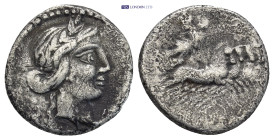 C. Vibius C. f. Pansa AR Denarius. (17mm, 3.95 g) Rome, circa 90 BC. Laureate head of Apollo right; [control mark below chin], PANSA behind / Minerva ...