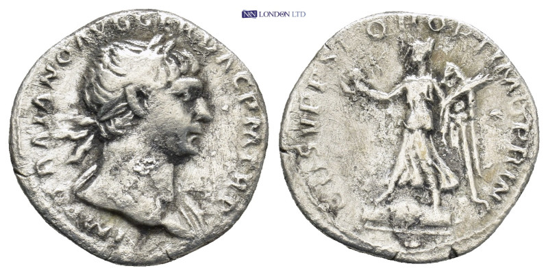 Trajan. A.D. 98-117. AR denarius (18mm, 2.9 g). Rome mint, struck A.D. 107-108. ...