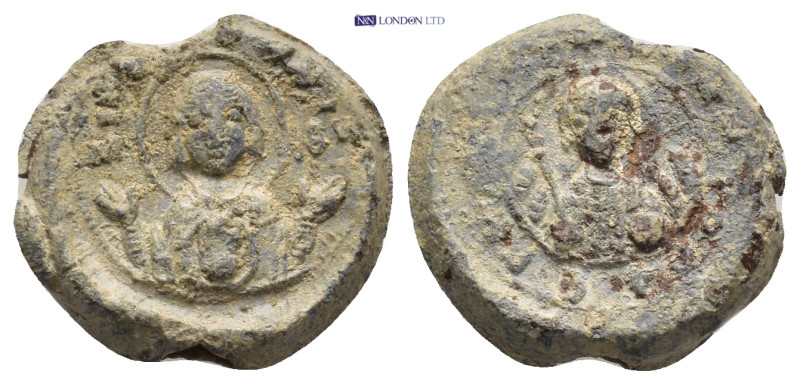 Byzantine Lead Seal (18mm, 5.7 gr) Obv: Facing bust of the Virgin Mary, orans, w...