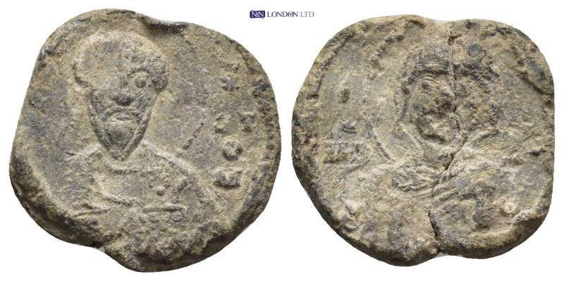 Byzantine Lead Seal (19mm, 4.49 gr) Obv: Bust of Saint holding gospel. Rev: Virg...