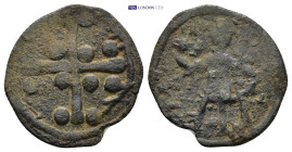 Baldwin II AD 1100-1118. Edessa Follis Æ (21mm, 2.3 g) Latin cross with acanthus at bottom; pellets around. / Baldwin standing left, wearing conical h...