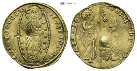 ITALY. Venice. Andrea Contarini (1368-1382). GOLD Ducato. (21mm, 3.47 g) Obv: ANDR OTARЄNO / DVX / S M VЄNЄTI. St. Mark standing right, presenting cru...