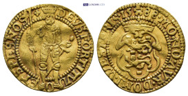 NETHERLANDS. Westfriesland. GOLD Ducat (21mm, 3.44 g) (1588). Hungarian type. Obv: DEVS FORTITVDO ET SPES NOS. Imperial figure standing facing slightl...