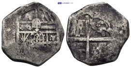 SPAIN, Reino de España. Felipe II el Prudente. 1556-1598. AR Cob 4 Reales (25mm, 12.21 g). Crowned coat-of-arms / Coat-of-arms.
