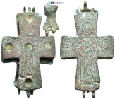 Reliquary Cross Pendant. (85mm, 72.5 g) Obverse with robed nimbate figure in orans pose, reverse with Mary Theotokos holding infant Jesus with two sai...